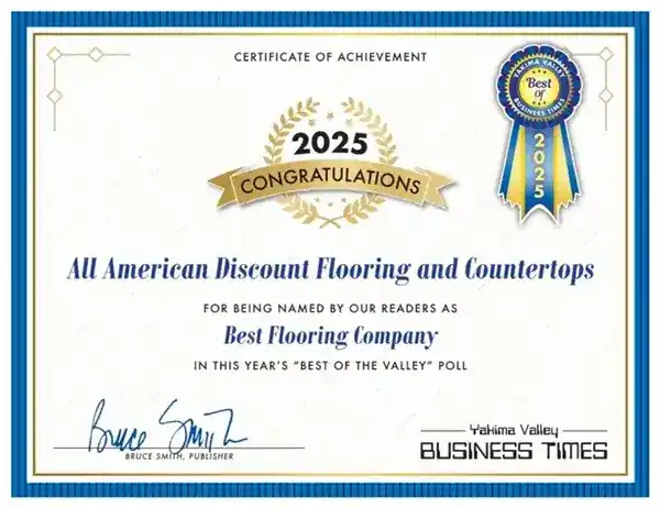 2025 certificate naming All American Discount Flooring and Countertops Best Flooring Company in the Yakima Valley Business Times Best of the Valley poll